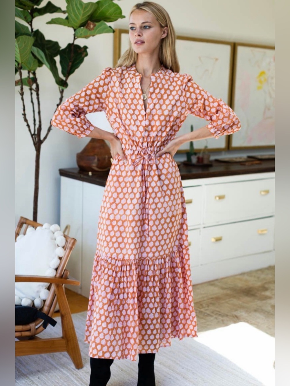 Emerson Fry Size XS • Frances Orange India Collection Midi Dress Organic Cotton.